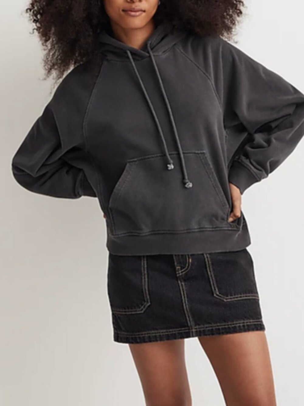 Madewell Black Coal Terry Relaxed Raglan-Sleeve Hooded Sweatshirt Sz L